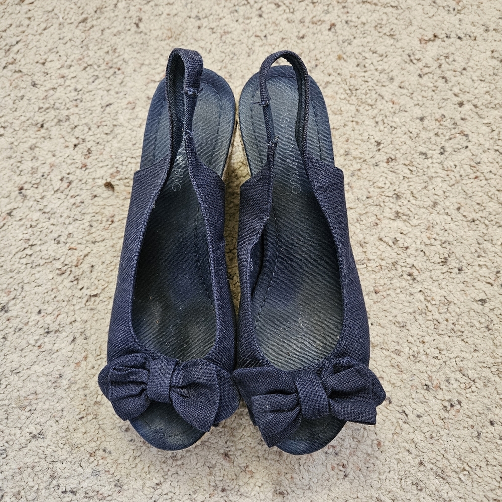 Fashion Bug navy peep toe sling back canvas espadrilles wedges, 7.